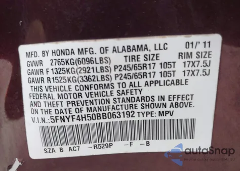 2011 Honda Pilot Ex-L из США, поврежденный, VIN 5FNYF4H50BB063192